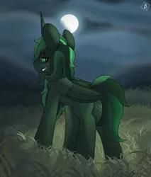 Size: 1440x1689 | Tagged: safe, artist:orbitingdamoon, derpibooru import, alicorn, pony, fallout equestria, artificial alicorn, background, grass, green, green alicorn (fo:e), grin, horn, image, jpeg, looking at you, looking back, moon, night, smiling, solo, tall, wings