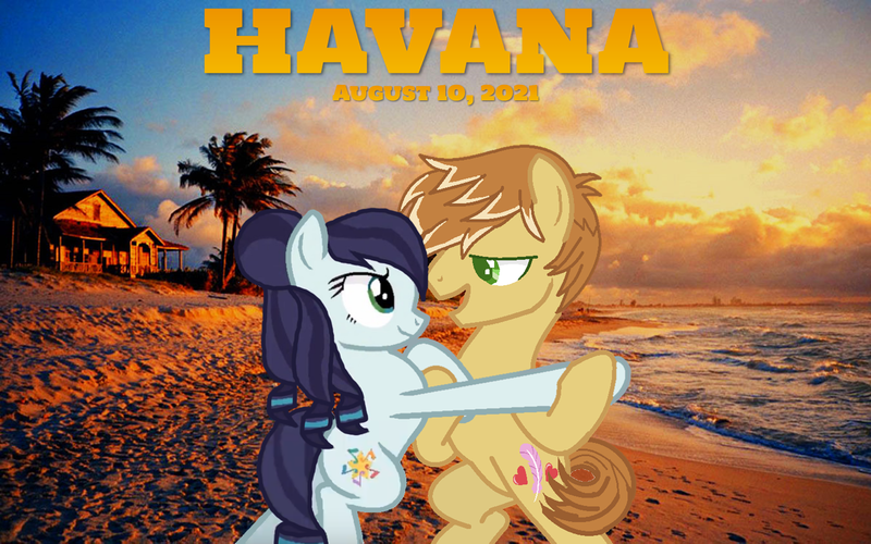 Size: 2064x1290 | Tagged: safe, artist:themexicanpunisher, derpibooru import, edit, coloratura, feather bangs, earth pony, pony, 2021, august, beach, bipedal, camila cabello, colorabangs, cuba, dancing, female, havana, image, looking at each other, lyrics in the description, male, mare, ocean, png, shipping, smiling, smiling at each other, song reference, stallion, straight, summer, sunset, youtube link