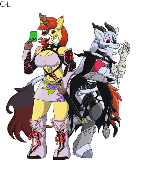 Size: 2480x3000 | Tagged: safe, artist:cyborglucario, derpibooru import, kirin oc, oc, oc:mystic fire, oc:silver scorch, unofficial characters only, anthro, kirin, unguligrade anthro, breasts, clothes, image, milla maxwell, png, tales of berseria, tales of series, tales of xillia, velvet crowe