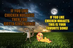 Size: 728x482 | Tagged: safe, artist:wissle, derpibooru import, sunset shimmer, pony, unicorn, chicken meat, chicken nugget, duo, female, food, image, jpeg, male, meat, meme, meme parody, one eye closed, open mouth, parody, racoon, regular show, rigby, rigset, song reference