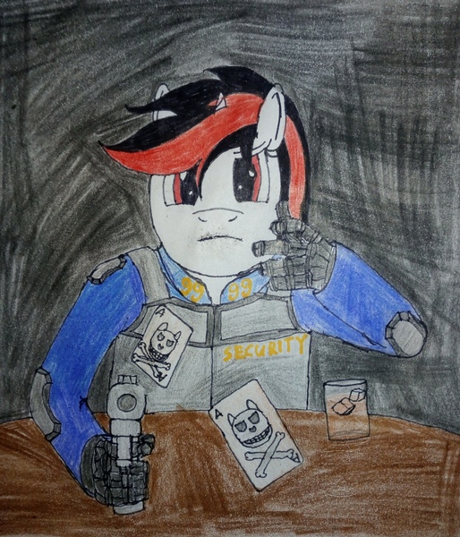 Size: 3120x3644 | Tagged: safe, artist:überreaktor, derpibooru import, oc, oc:blackjack, anthro, unicorn, fallout equestria, fallout equestria: project horizons, 12.7mm pistol, alcohol, cybernetic hands, cybernetic limbs, fanfic art, gambling, glare, glass, gun, horn, ice cubes, image, jpeg, photo, playing card, poker, skull and crossbones, small horn, solo, this will end in death, this will end in tears, this will end in tears and/or death, traditional art, two toned mane, vigilance (gun), weapon, whiskey