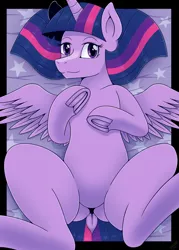 Size: 1550x2167 | Tagged: suggestive, artist:vavacung, derpibooru import, twilight sparkle, alicorn, series:the day spike stopped caring and made love to everpony he cares for, clopfic linked in description, dock, featureless crotch, female, frog (hoof), image, looking at you, lying down, png, underhoof