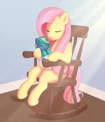 Size: 1734x2023 | Tagged: safe, artist:binkyroom, derpibooru import, fluttershy, oc, oc:stormy dash, earth pony, pegasus, pony, commission, cute, diaper, image, nap, png, rocking chair, smiling, sunlight, ych result