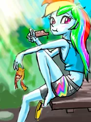 Size: 764x1021 | Tagged: safe, artist:xjleiu, derpibooru import, rainbow dash, equestria girls, armpits, barefoot, bench, blue skin, blue topwear, breasts, chewing, clothes, compression shorts, eating, feet, female, food, image, jpeg, long hair, looking right, midriff, multicolored bottomwear, multicolored hair, one leg raised, one leg up, outdoors, pink eyes, pink skin, popsicle, rainbow hair, sandals, scrunchy face, shiny skin, shoe dangling, shorts, side view, sideboob, solo, solo female, sunlight, tanktop, tomboy, wrapper