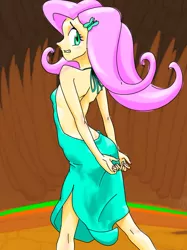 Size: 764x1019 | Tagged: suggestive, artist:xjleiu, derpibooru import, fluttershy, equestria girls, clothes, covering, dress, embarrassed, hairpin, image, jpeg, solo