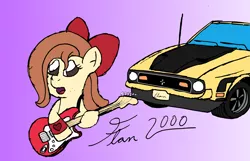 Size: 2392x1537 | Tagged: safe, artist:sparkfler85, derpibooru import, oc, oc:flani bainilye, unofficial characters only, earth pony, pony, bow, bracelet, car, cute, electric guitar, female, fender stratocaster, ford, ford mustang, ford mustang mach 1, freckles, guitar, image, jewelry, mare, musical instrument, png, simple background