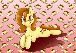 Size: 3508x2480 | Tagged: safe, artist:wild-thunder06, derpibooru import, oc, oc:flani bainilye, unofficial characters only, earth pony, pony, female, flan, food, image, mare, png, pudding, solo