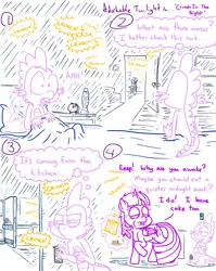 Size: 4779x6013 | Tagged: safe, artist:adorkabletwilightandfriends, derpibooru import, twilight sparkle, twilight sparkle (alicorn), alicorn, comic:adorkable twilight and friends, adorkable, adorkable twilight, alert, awake, awakened, awkwakening, bed, bedroom, blanket, cake, caught, caught red hooved, cheating, chips, clock, comic, crunch, cute, dark, darkness, door, dork, eating, family, food, friendship, image, kitchen, lava lamp, light, magic, midnight snack, night, pepper spray, pillow, png, refrigerator, shadows, sheet, sleeping, slice of life, snack, sneaking, surprised