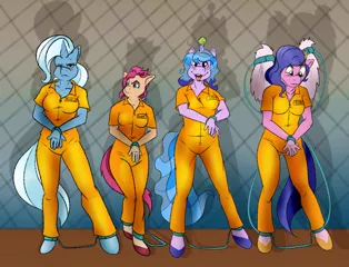 Size: 8500x6500 | Tagged: safe, artist:joesanchez, derpibooru import, izzy moonbow, pipp petals, sunny starscout, trixie, anthro, ball, bound wings, clothes, commission, cuffs, g5, height difference, hornball, image, jpeg, prison outfit, prisoner, shackles, tennis ball, varying degrees of want, wing cuffs, wings
