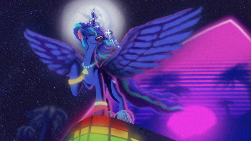 Size: 1920x1080 | Tagged: safe, artist:ciborgen, derpibooru import, princess luna, alicorn, pony, between dark and dawn, 80s princess luna, eyes closed, fangs, female, glowing horn, horn, image, magic, mare, microphone, png, retrowave, signature, singing, solo, spread wings, telekinesis, wings