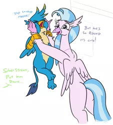 Size: 1095x1210 | Tagged: safe, artist:jargon scott, derpibooru import, gallus, silverstream, classical hippogriff, gryphon, hippogriff, bipedal, bipedal leaning, butt, duo, female, happy, image, leaning, male, offscreen character, png, size difference, squishy cheeks, streambutt