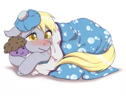 Size: 2560x1960 | Tagged: safe, artist:taytinabelle, derpibooru import, derpy hooves, ditzy doo, pegasus, pony, adorable face, blanket, blanket burrito, blushing, cute, daaaaaaaaaaaw, ear fluff, female, fever, image, looking at you, plushie, png, pony holding plushie, sick, simple background, solo, thermometer, unshorn fetlocks, white background