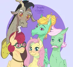 Size: 1200x1100 | Tagged: safe, artist:lululaozi, derpibooru import, discord, fluttershy, posey shy, zephyr breeze, pegasus, blushing, discoshy, family, family photo, father and child, father and daughter, female, fluttershy's parents, glasses, image, interspecies love, jewelry, jpeg, male, mother and child, mother and daughter, necklace, shipping, siblings, signature, simple background, straight
