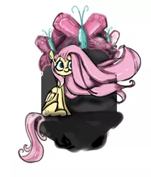 Size: 1366x1603 | Tagged: safe, artist:luanred pinkie, artist:luanredpinkie, derpibooru import, fluttershy, butterfly, insect, pegasus, pony, cute, digital art, digital painting, drawing, element of kindness, fanart, female, image, jpeg, kindness, land, my little pony, pink, rock, simple background, sitting, smiling, solo, white background, wind, windswept mane