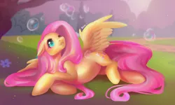 Size: 4000x2400 | Tagged: safe, artist:jesusy, derpibooru import, fluttershy, pegasus, pony, blushing, bubble, cute, female, floppy ears, high res, image, jpeg, looking up, lying down, mare, shyabetes, solo