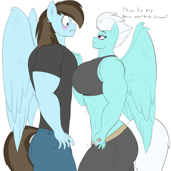 Size: 3000x3000 | Tagged: suggestive, artist:astrum, derpibooru import, fleetfoot, oc, oc:calm wind, anthro, pegasus, abs, belt, blushing, breasts, busty fleetfoot, canon x oc, clothes, deltoids, dial, female muscle growth, fleetwind, flirting, growth, image, muscle expansion, muscle growth, muscles, pecs, png, shipping, the tick