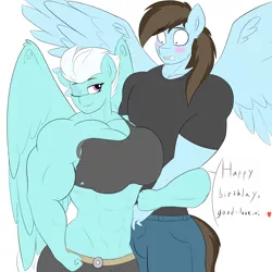 Size: 3000x3000 | Tagged: suggestive, artist:astrum, derpibooru import, fleetfoot, oc, oc:calm wind, anthro, abs, belt, biceps, blushing, breasts, busty fleetfoot, canon x oc, deltoids, dial, female muscle growth, fleetwind, flirting, growth, image, muscle expansion, muscle growth, muscles, pecs, png, shipping, this will end in snu snu