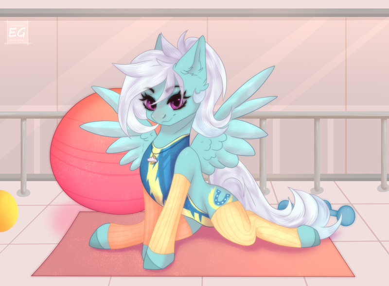 Size: 2932x2160 | Tagged: safe, artist:elektra-gertly, derpibooru import, fleetfoot, oc, oc:nighty cloud, pegasus, pony, alternate hairstyle, arm warmers, canon x oc, clothes, commission, cutie mark accessory, cutie mark necklace, exercise, exercise ball, eye clipping through hair, female, fleetnight, gym, gym uniform, gymnastics, image, jewelry, leg warmers, lesbian, mare, necklace, png, practice, pretty, shipping, signature, smiling, solo, spread wings, uniform, wingboner, wings, wonderbolts uniform