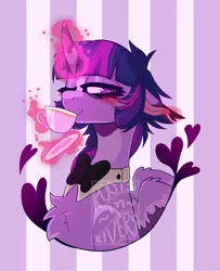 Size: 1773x2180 | Tagged: safe, artist:gothalite, derpibooru import, twilight sparkle, twilight sparkle (alicorn), alicorn, pony, unicorn, bowtie, chest fluff, cup, floppy ears, glowing eyes, image, jpeg, levitation, lidded eyes, magic, one eye closed, solo, teacup, telekinesis