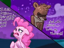 Size: 2732x2048 | Tagged: safe, artist:dummyhorse, derpibooru import, pinkie pie, earth pony, pony, raccoon, crossover, crossover shipping, crying, female, floppy ears, image, jpeg, male, mare, meme, night, regular show, rigby, rigbypie, shipping, straight, wonderwall