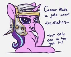 Size: 1914x1548 | Tagged: safe, artist:t72b, derpibooru import, starlight glimmer, pony, unicorn, alternate hairstyle, boop, dark comedy, helmet, historical roleplay starlight, image, joke, looking at you, png, roman, self-boop, simple background, solo, talking to viewer