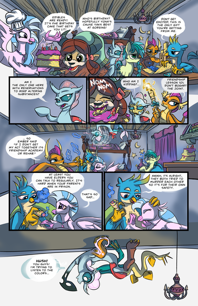 Size: 4400x6800 | Tagged: safe, artist:lytlethelemur, derpibooru import, gallus, ocellus, sandbar, silverstream, smolder, yona, comic:study break: dr. sandbar's prescription, bowtie, bunk bed, cake, comic, drug use, fire, fire breath, food, high, image, implied ember, mouth hold, nom, png, poison joke, raised hoof, smoking, student six, wat