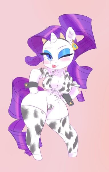 Size: 1184x1862 | Tagged: questionable, artist:v33tox, derpibooru import, rarity, anthro, unguligrade anthro, unicorn, blushing, bottomless, breasts, busty rarity, cleavage, clothes, cowprint, cuffs (clothes), ear tag, eyeshadow, fake horns, female, hands on hip, image, jpeg, looking at you, makeup, one eye closed, partial nudity, pasties, solo, solo female, tongue out, wink