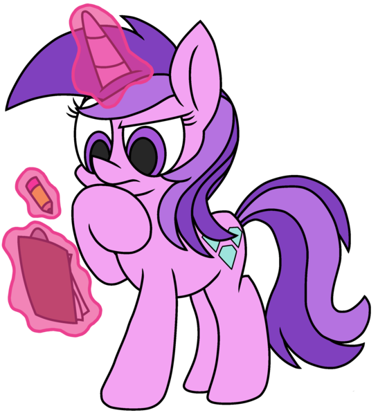 Size: 2126x2336 | Tagged: safe, artist:derpyalex2, derpibooru import, amethyst star, pony, unicorn, clipboard, female, glowing horn, horn, image, magic, mare, pencil, png, solo, thinking