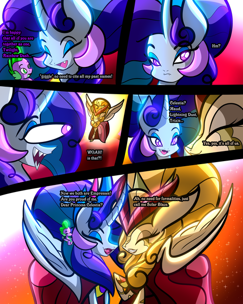 Size: 2400x3000 | Tagged: safe, artist:keytee-chan, derpibooru import, applejack, autumn blaze, fluttershy, lightning dust, little strongheart, maud pie, nurse redheart, pinkie pie, princess celestia, princess ember, rainbow dash, rarity, saffron masala, spike, starlight glimmer, sunset shimmer, trixie, twilight sparkle, zecora, oc, oc:empress eternal party, oc:empress solar blaze, alicorn, kirin, comic:the great big fusion 2 remake, comic, eyes closed, fusion, hair bun, image, lipstick, makeup, png, smiling