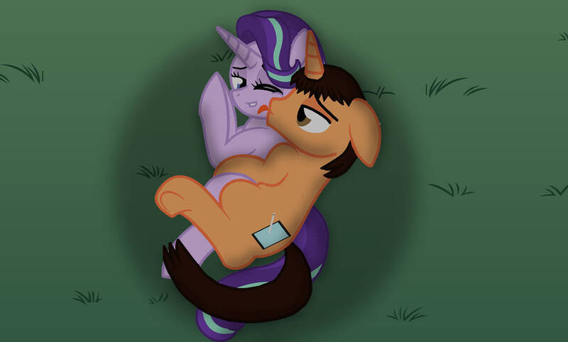 Size: 1151x694 | Tagged: safe, artist:brandonthebronypony, derpibooru import, starlight glimmer, oc, oc:brandon, branglimmer, canon x oc, hug, image, jpeg, licking, lying down, tongue out