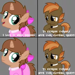 Size: 3488x3488 | Tagged: safe, artist:peternators, derpibooru import, button mash, oc, oc:heroic armour, earth pony, pony, unicorn, bow, bowtie, clothes, colt, crossdressing, dialogue, dress, exploitable meme, femboy, for the better right?, image, male, meme, png, ribbon, sissy, text