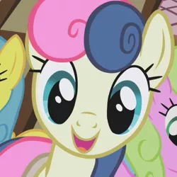 Size: 600x600 | Tagged: safe, derpibooru import, screencap, bon bon, daisy, flower wishes, lemon hearts, sweetie drops, pony, season 1, the ticket master, adorabon, cropped, cute, female, image, open mouth, open smile, png, smiling