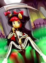 Size: 2550x3510 | Tagged: suggestive, artist:anibaruthecat, banned from derpibooru, ponybooru import, apple bloom, anthro, unguligrade anthro, cloak, clothes, costume, female, gravestone, graveyard, image, lolicon, png, scythe, skeleton costume, solo, tombstones, underage