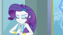 Size: 3410x1920 | Tagged: safe, derpibooru import, screencap, rarity, equestria girls, equestria girls series, super squad goals, bracelet, clothes, cutie mark, cutie mark on clothes, eyes closed, female, geode of shielding, hairpin, image, jewelry, jpeg, magical geodes, rarity peplum dress, solo