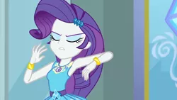 Size: 3410x1920 | Tagged: safe, derpibooru import, screencap, rarity, equestria girls, equestria girls series, super squad goals, armpits, bracelet, clothes, cutie mark, cutie mark on clothes, eyes closed, female, geode of shielding, hairpin, image, jewelry, jpeg, magical geodes, rarity peplum dress, solo