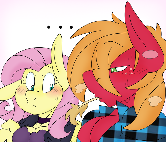 Size: 2445x2095 | Tagged: suggestive, artist:blackbewhite2k7, derpibooru import, big macintosh, fluttershy, anthro, blushing, breasts, busty fluttershy, choker, commission, eyes on the prize, female, flannel, fluttermac, image, male, meme, muscles, muscular male, pecs, png, shipping, straight, straw in mouth, sweat
