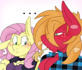 Size: 2445x2095 | Tagged: suggestive, artist:blackbewhite2k7, derpibooru import, big macintosh, fluttershy, anthro, blushing, breasts, busty fluttershy, choker, commission, eyes on the prize, female, flannel, fluttermac, image, male, meme, muscles, muscular male, pecs, png, shipping, straight, straw in mouth, sweat