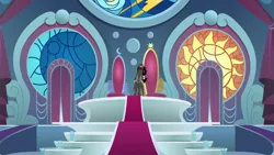 Size: 1000x563 | Tagged: safe, derpibooru import, screencap, king sombra, unicorn, the beginning of the end, canterlot, canterlot castle, canterlot throne room, evil laugh, image, laughing, male, png, solo, throne