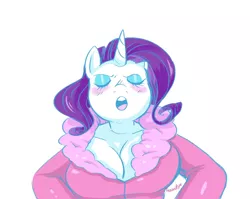 Size: 1178x940 | Tagged: safe, artist:breezietype, derpibooru import, rarity, anthro, unicorn, big breasts, blushing, breasts, bust, busty rarity, cleavage, eyes closed, eyeshadow, female, image, makeup, open mouth, png, simple background, solo, white background