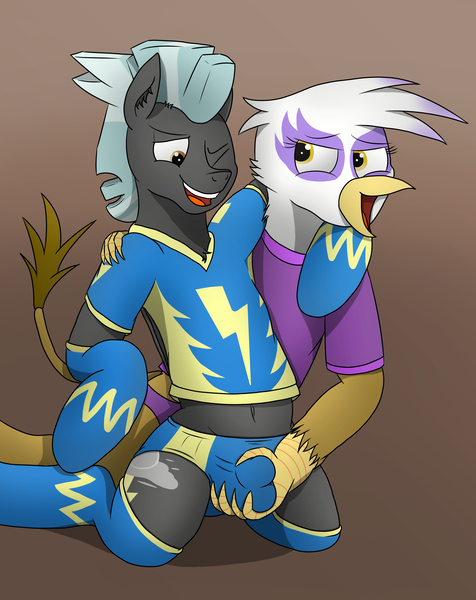 Size: 3188x4017 | Tagged: questionable, artist:tacomytaco, derpibooru import, gilda, thunderlane, gryphon, pegasus, pony, arm around neck, belly button, blue underwear, briefs, clothes, crotch bulge, crotch grab, female, gildalane, gradient background, grope, hand on shoulder, image, kneeling, male, midriff, one eye closed, panties, png, shipping, shirt, smiling, socks, squeezing, straight, underwear