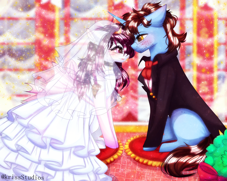 Size: 4000x3179 | Tagged: safe, artist:krissstudios, derpibooru import, oc, unofficial characters only, pony, unicorn, clothes, dress, female, image, male, mare, png, stallion, suit, wedding dress