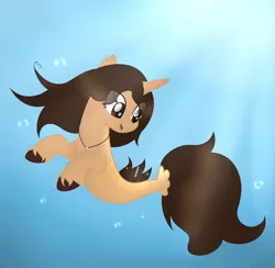 Size: 2479x2419 | Tagged: safe, artist:xx-danxyg-xx, derpibooru import, oc, unofficial characters only, pony, seapony (g4), unicorn, brown eyes, brown mane, bubble, crepuscular rays, dorsal fin, female, fish tail, flowing mane, flowing tail, horn, image, jewelry, necklace, ocean, open mouth, png, seaponified, smiling, solo, species swap, sunlight, swimming, tail, underwater, water