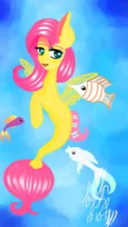 Size: 720x1280 | Tagged: safe, artist:galaxysultan, derpibooru import, fluttershy, fish, pegasus, pony, seapony (g4), blue background, blushing, cute, daaaaaaaaaaaw, dorsal fin, female, fin wings, fish tail, flowing mane, flowing tail, green eyes, image, jpeg, ocean, open mouth, seaponified, seapony fluttershy, shyabetes, signature, simple background, smiling, solo, species swap, tail, underwater, water, wings