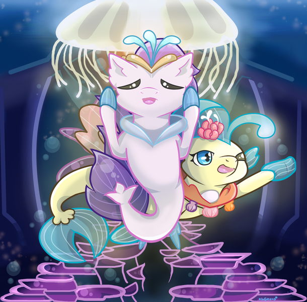 Size: 1728x1701 | Tagged: safe, artist:kingkero, derpibooru import, princess skystar, queen novo, jellyfish, seapony (g4), my little pony: the movie, bioluminescent, blue mane, bubble, chibi, collar, crepuscular rays, crown, deviantart watermark, dorsal fin, eyes closed, female, fins, fin wings, fish tail, flower, flower in hair, flowing tail, glow, image, jewelry, necklace, obtrusive watermark, ocean, one eye closed, open mouth, open smile, pearl necklace, png, purple mane, regalia, seaquestria, seashell necklace, smiling, swimming, tail, throne room, underwater, water, watermark, wings