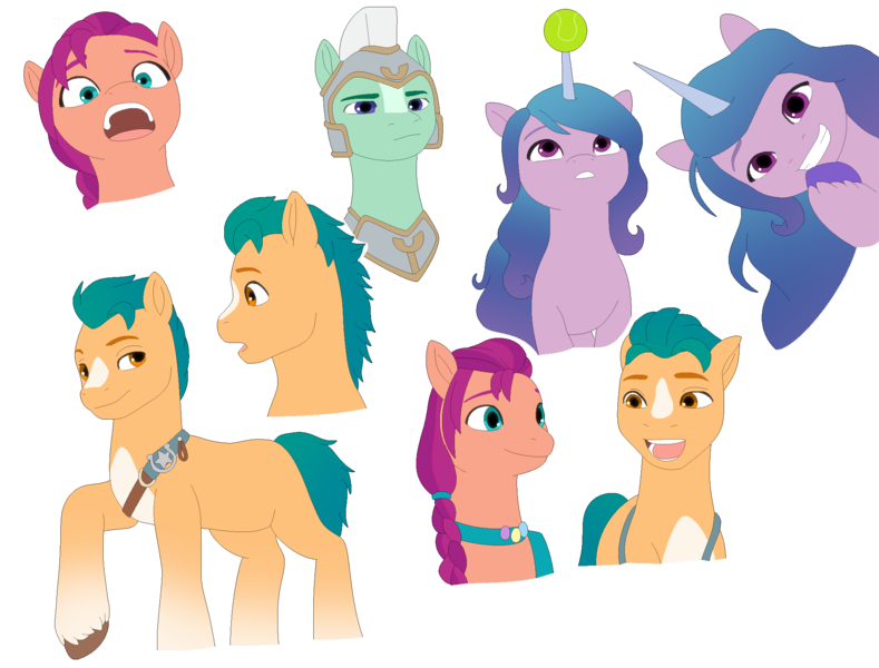 Size: 1964x1494 | Tagged: safe, artist:fantasygerard2000, derpibooru import, hitch trailblazer, izzy moonbow, sunny starscout, my little pony: a new generation, spoiler:g5, spoiler:my little pony: a new generation, armor, bag, ball, g5, guard, image, izzy's tennis ball, looking at each other, looking at you, open mouth, png, royal guard, saddle bag, simple background, smiling, smiling at each other, smiling at you, tennis ball, thunder (g5), transparent background