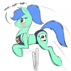 Size: 4096x4096 | Tagged: safe, derpibooru import, oc, oc:spearmint, earth pony, pony, bikini, blushing, clothes, crossdressing, eyes on the prize, hurdle, image, jumping, leaping, olympics, panting, png, solo, sports bra, sports panties, sportswear, swimsuit, text, track & field