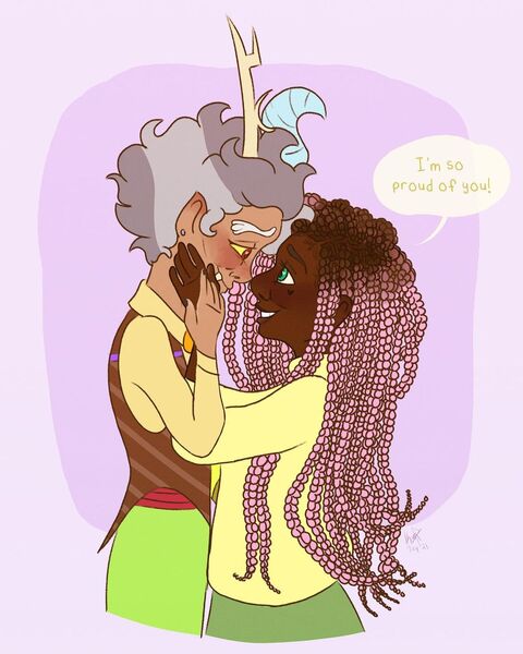 Size: 1080x1350 | Tagged: safe, artist:karmastarva, derpibooru import, discord, fluttershy, human, abstract background, bust, clothes, dark skin, discoshy, female, horn, horned humanization, humanized, image, jpeg, male, shipping, smiling, straight, talking