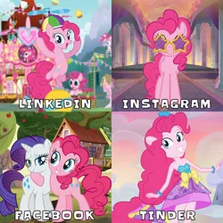 Size: 1080x1080 | Tagged: safe, derpibooru import, official, pinkie pie, rarity, earth pony, pony, unicorn, equestria girls, apple, apple tree, clothes, clubhouse, crusaders clubhouse, dolly parton challenge, dress, facebook, female, food, g4, hat, image, instagram, jpeg, linkedin, mare, meme, propeller hat, sunglasses, tinder, tree