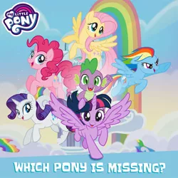 Size: 1080x1080 | Tagged: safe, derpibooru import, official, fluttershy, pinkie pie, rainbow dash, rarity, spike, twilight sparkle, twilight sparkle (alicorn), alicorn, dragon, earth pony, pegasus, pony, unicorn, cloud, female, g4, image, implied applejack, jpeg, male, mare, my little pony logo, on a cloud, rainbow, text