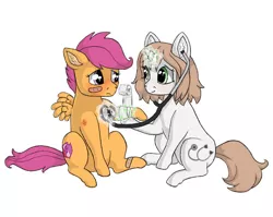 Size: 800x637 | Tagged: safe, artist:ukulelepineapplecat, derpibooru import, scootaloo, oc, oc:healing touch, pegasus, pony, unicorn, bandage, cutie mark, duo, ear fluff, female, filly, glowing horn, horn, image, jpeg, magic, nurse, simple background, stethoscope, telekinesis, the cmc's cutie marks, unicorn oc, white background